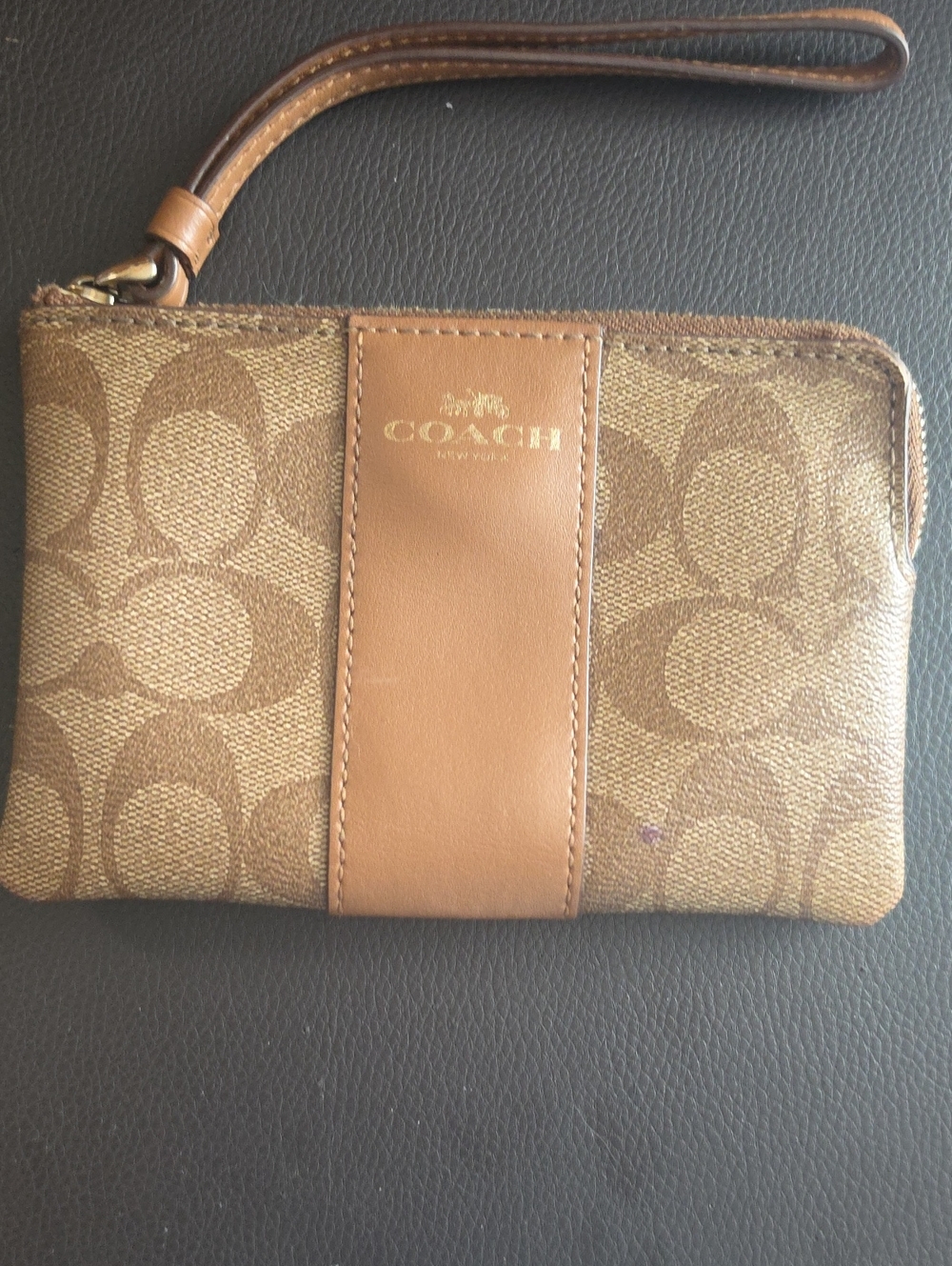Coach Tan Signature Canvas Wristlet with Leather Trim